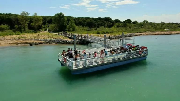 traghetto con persone sul fiume e vegetazione sullo sfondo